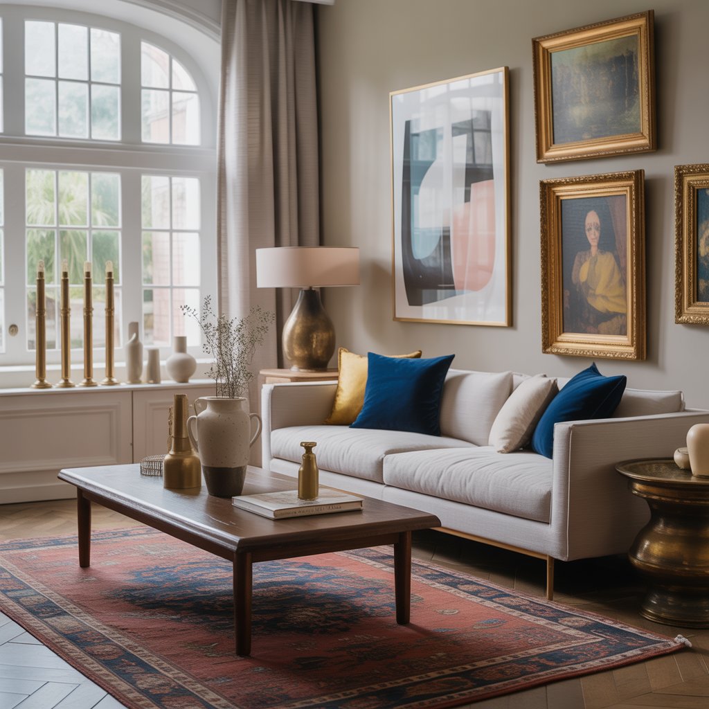 A living room combining modern furniture with traditional decor, featuring a sofa, wooden coffee table, paintings on the wall, and natural light from large windows.