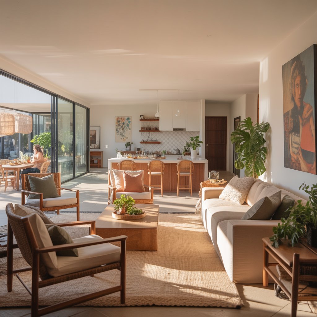 A bright, open living room connected to a dining area and kitchen with comfortable seating and natural light filling the space.