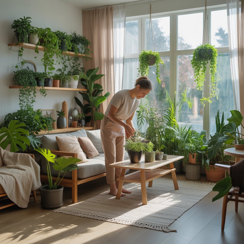 A bright living room with many green plants and a person caring for one of them near a window.