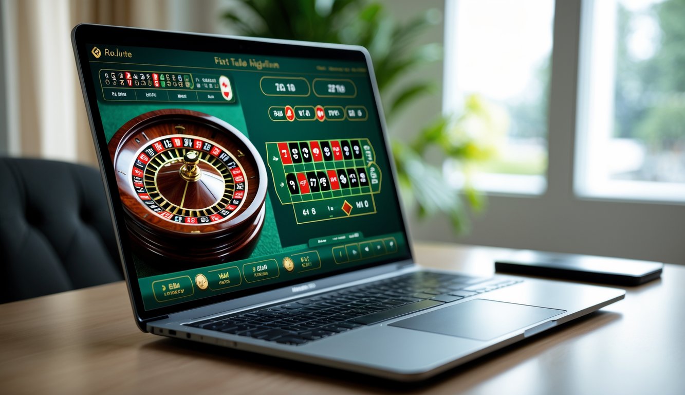 Sebuah laptop menampilkan permainan roulette online dengan roda roulette berwarna-warni dan meja taruhan digital yang jelas terlihat.