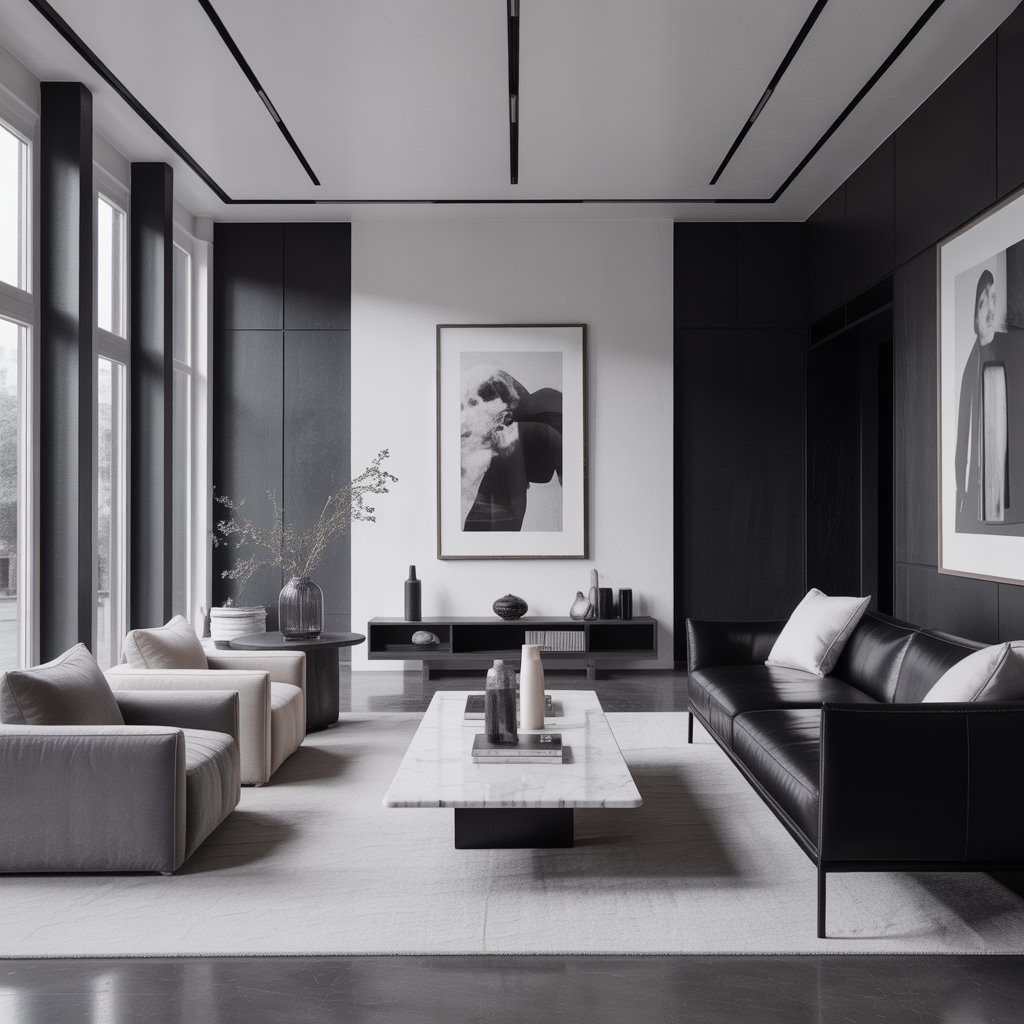 A modern living room with black, white, and gray furniture and decor, featuring a sofa, coffee table, and artwork by large windows.