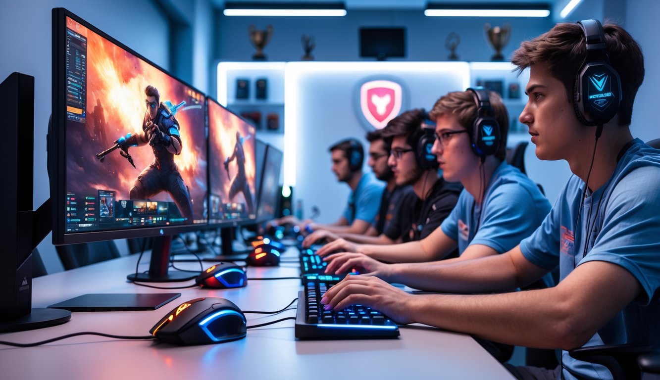 Sekelompok pemain esports sedang bermain di ruang game modern dengan monitor dan peralatan gaming yang canggih.
