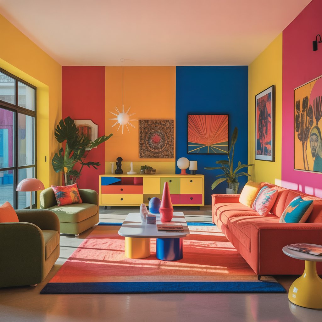A colorful living room with bright walls, a sofa with vibrant pillows, plants, and large windows letting in sunlight.