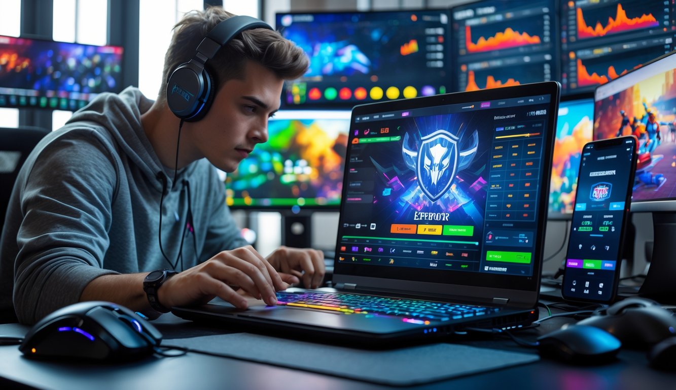 Seseorang sedang menggunakan laptop dengan tampilan permainan esports dan data taruhan di meja kerja yang dilengkapi perangkat gaming.