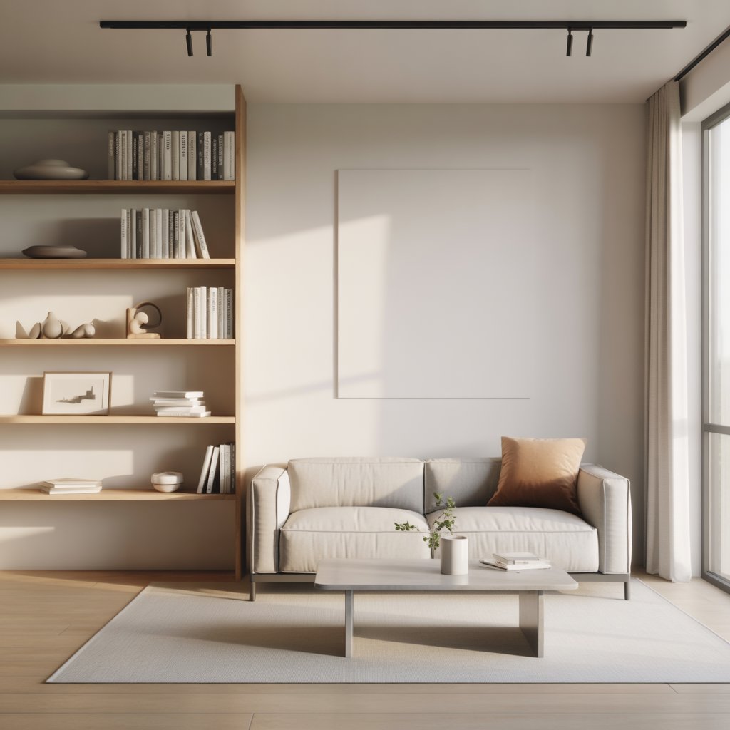 A tidy living room with a sofa, wooden shelves holding books and decor, and natural light coming through large windows.