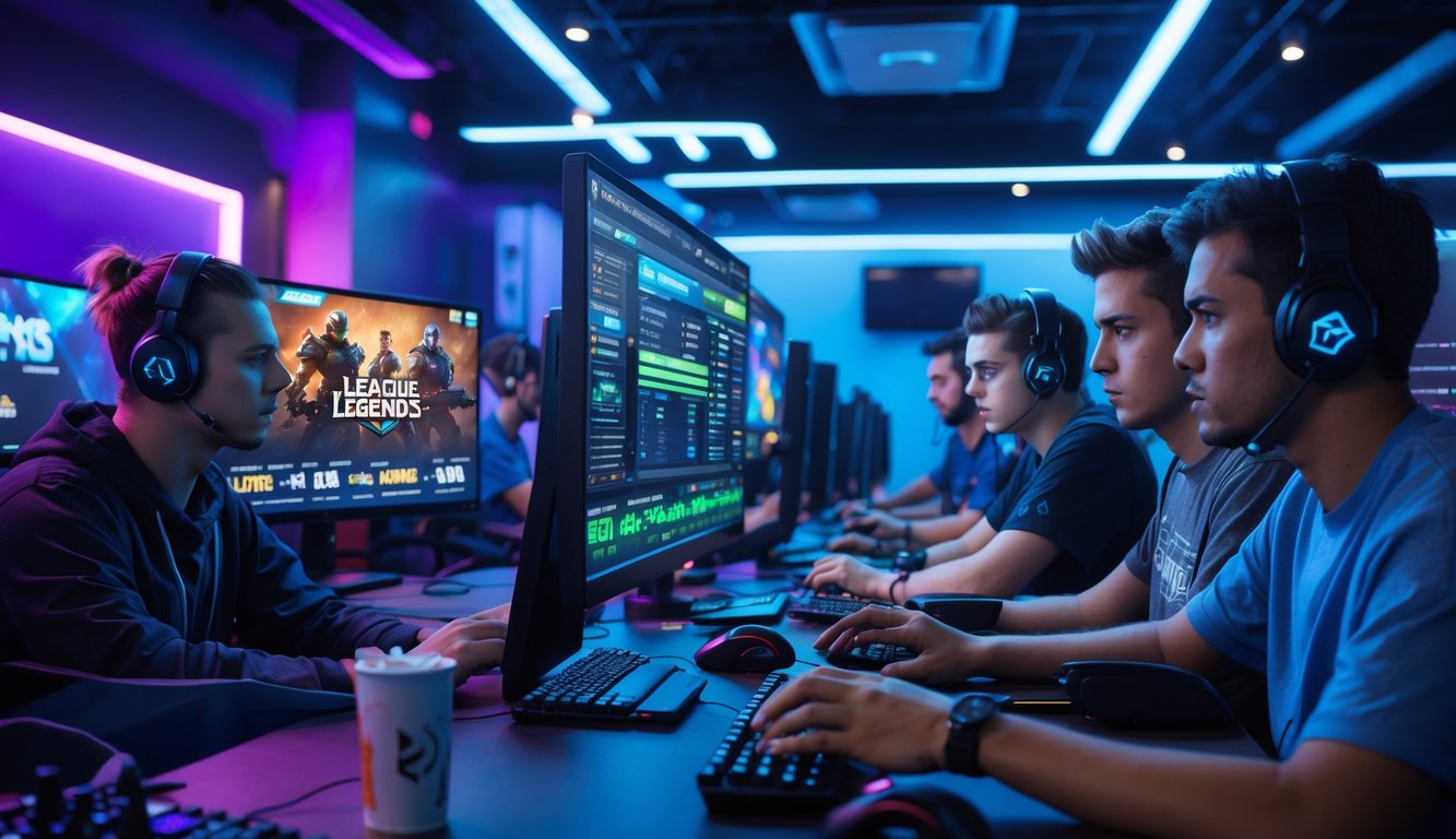 Sekelompok orang muda sedang fokus bermain dan memasang taruhan pada permainan esports di sebuah ruang gaming modern.