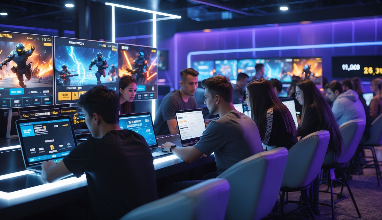Sekelompok orang muda sedang menggunakan komputer dan ponsel untuk bertaruh pada permainan esports di sebuah ruang modern dengan layar besar dan lampu neon.