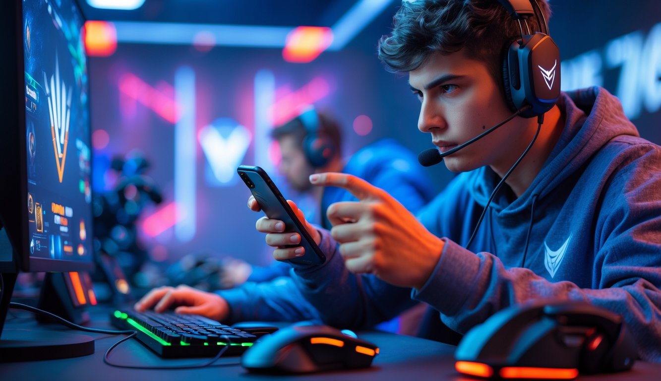 Seorang pemain muda sedang fokus bermain game esports di ponsel dengan latar belakang pencahayaan neon dan perlengkapan gaming di meja.