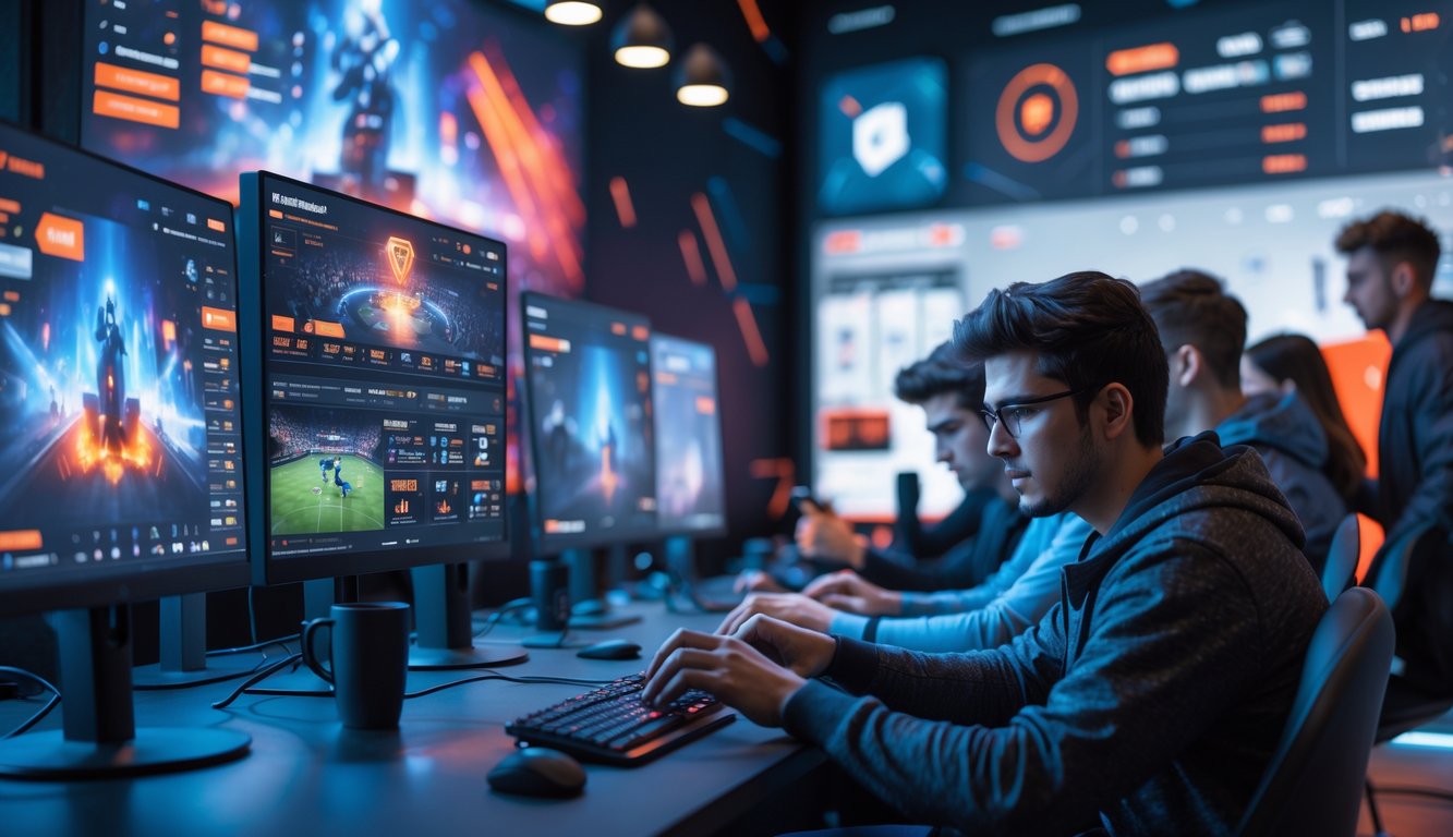 Sekelompok orang muda menggunakan komputer dan ponsel untuk bertaruh pada pertandingan esports dengan layar menampilkan game dan statistik taruhan.