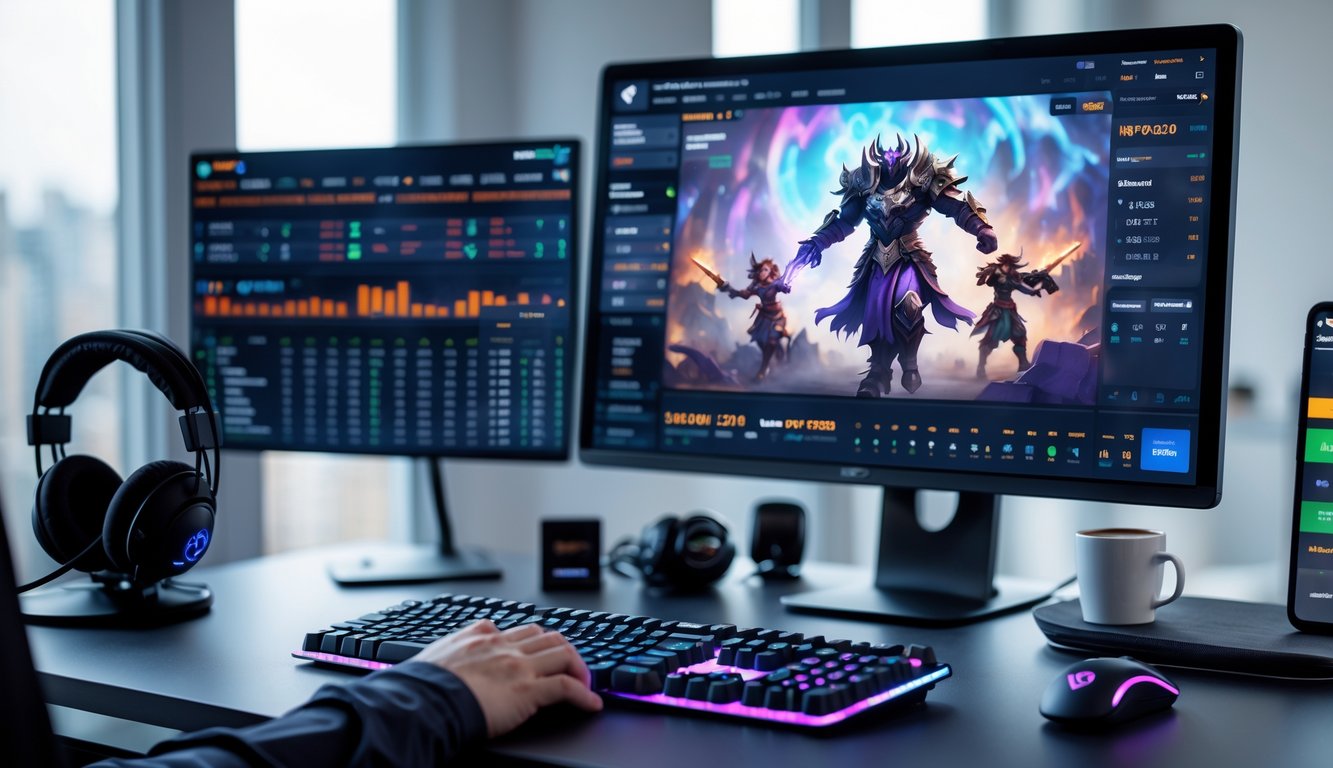 Seorang gamer sedang menggunakan komputer dengan tampilan permainan Dota 2 dan aplikasi taruhan online di meja kerja.