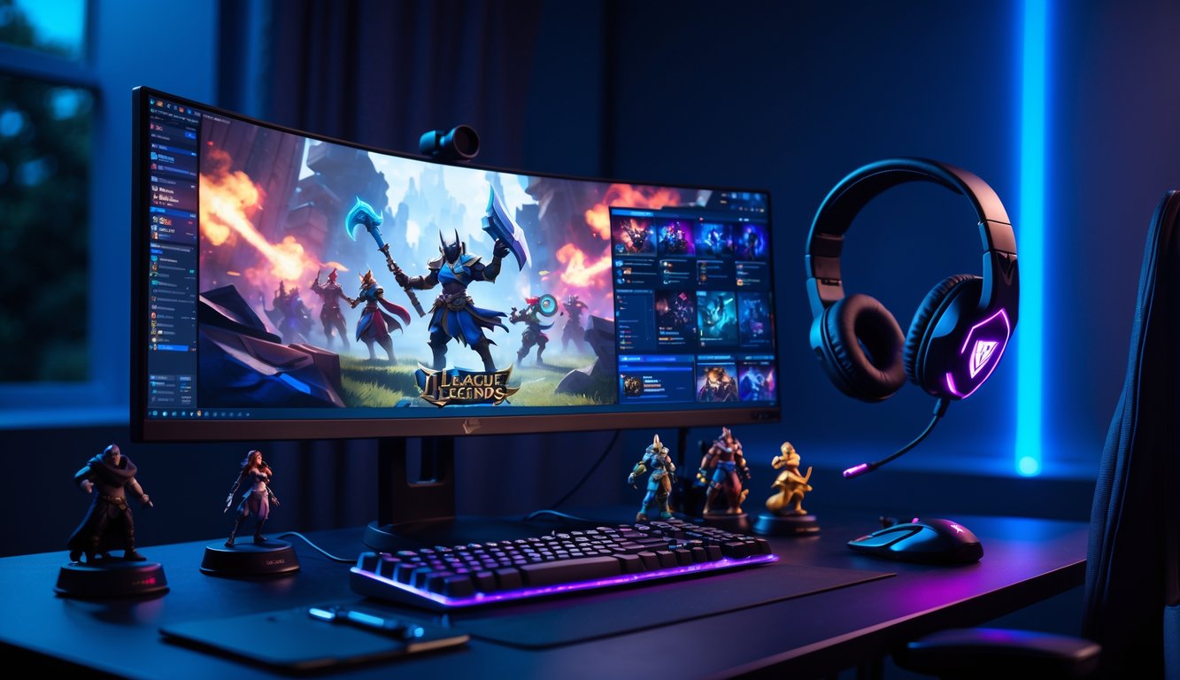 Sebuah setup gaming modern dengan komputer dan monitor menampilkan permainan League of Legends, dilengkapi dengan keyboard, mouse, dan headset di meja yang diterangi lampu ambient biru dan ungu.