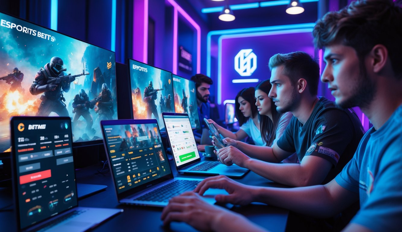 Sekelompok orang muda sedang menggunakan komputer dan ponsel untuk bertaruh pada pertandingan esports dengan layar menampilkan permainan dan grafik peluang taruhan.