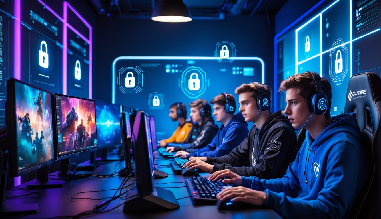 Sejumlah pemain muda sedang bermain game esports di ruangan dengan komputer modern dan elemen keamanan digital di sekitar mereka.