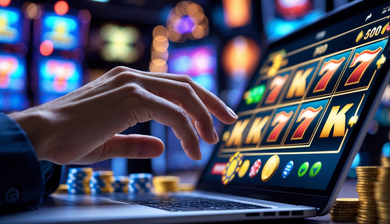 Seseorang menggunakan laptop dengan tampilan permainan slot online yang berwarna-warni di layar.