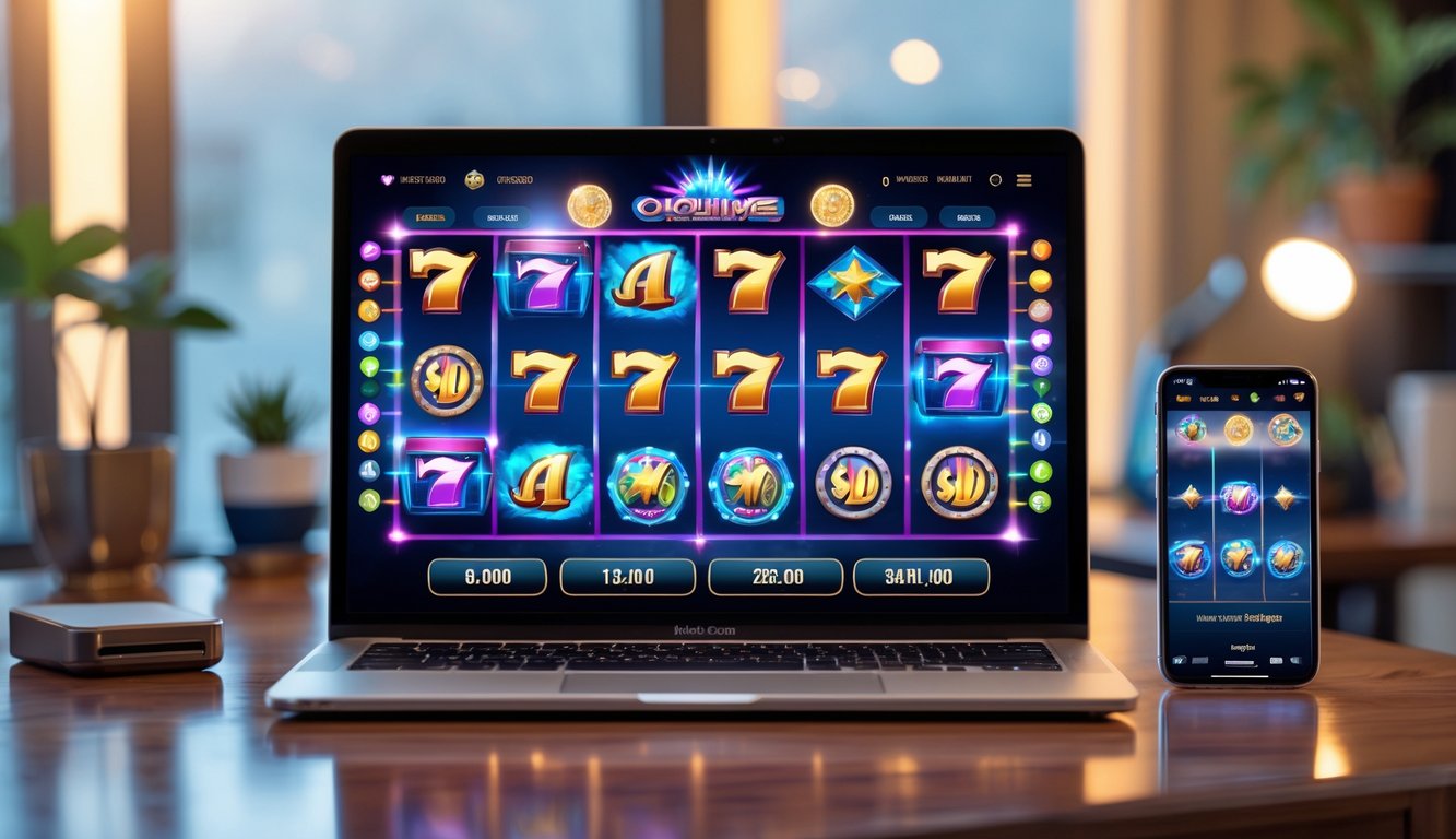 Antarmuka kasino online modern dengan mesin slot berwarna-warni ditampilkan pada laptop dan ponsel di atas meja kayu dalam ruangan kantor rumah yang nyaman.