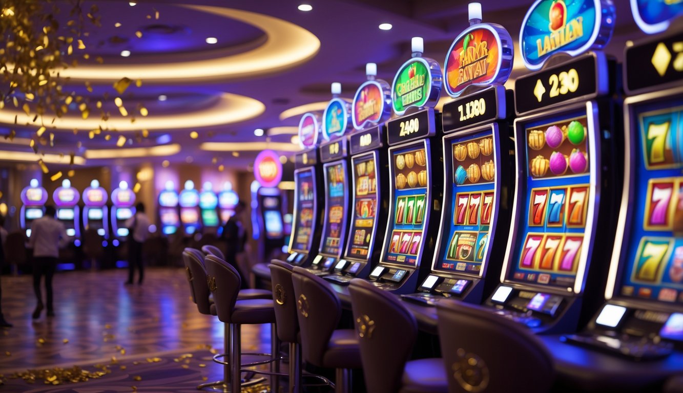 Area mesin slot yang terang dan modern di dalam kasino dengan beberapa orang bermain dan suasana yang hidup.