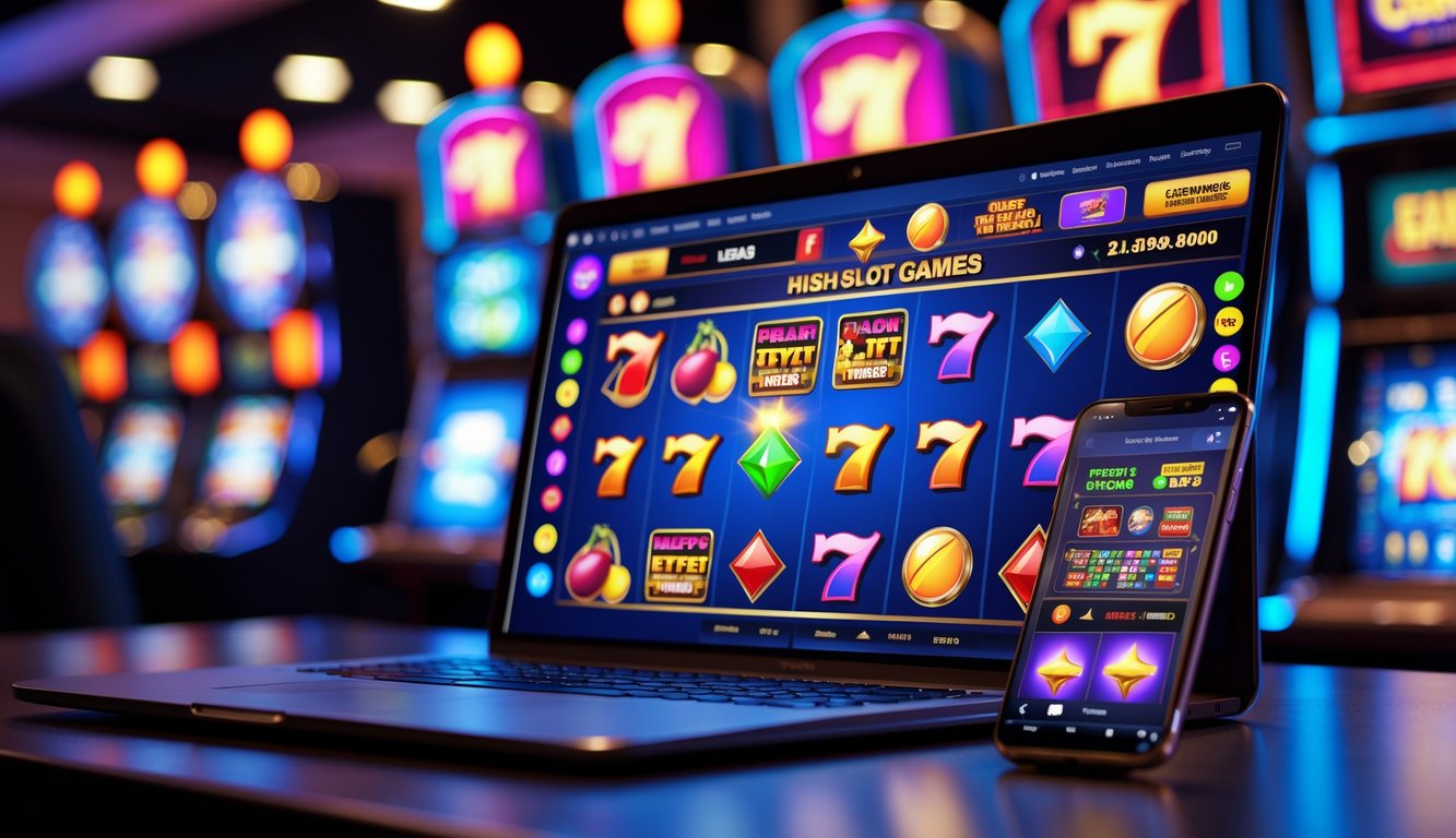 Seorang pria menggunakan laptop dan perangkat digital lainnya dengan tampilan permainan slot di layar di sebuah ruang kerja yang terang dan modern.