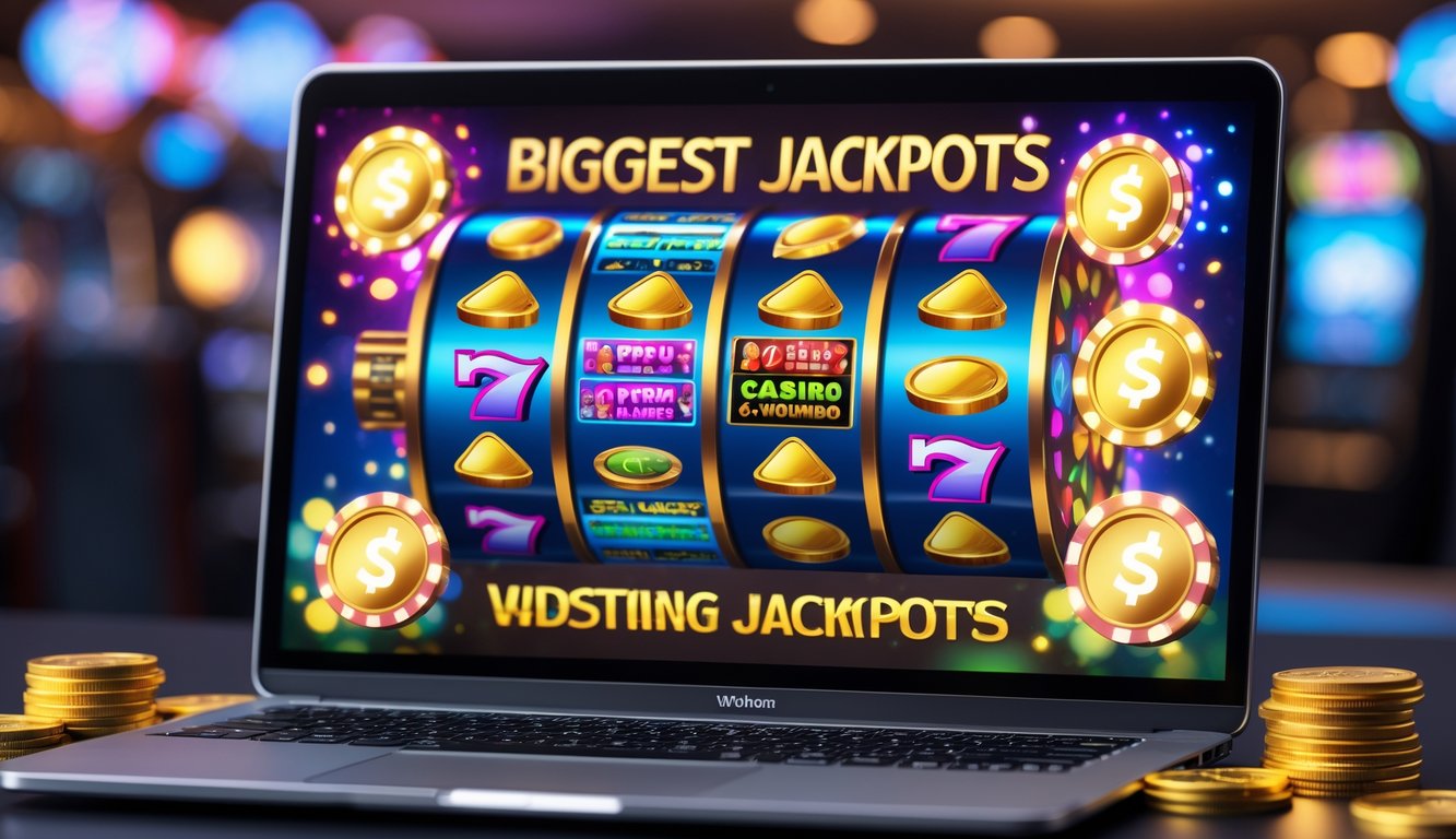 Sebuah komputer dengan layar menampilkan permainan slot online dengan koin emas dan simbol jackpot yang bersinar.