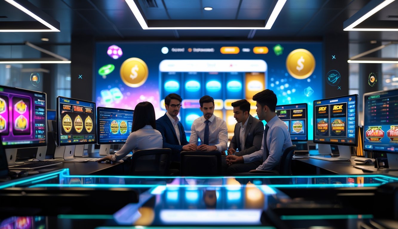 Suasana kantor modern dengan beberapa orang yang sedang bekerja di depan komputer menampilkan grafik mesin slot warna-warni.