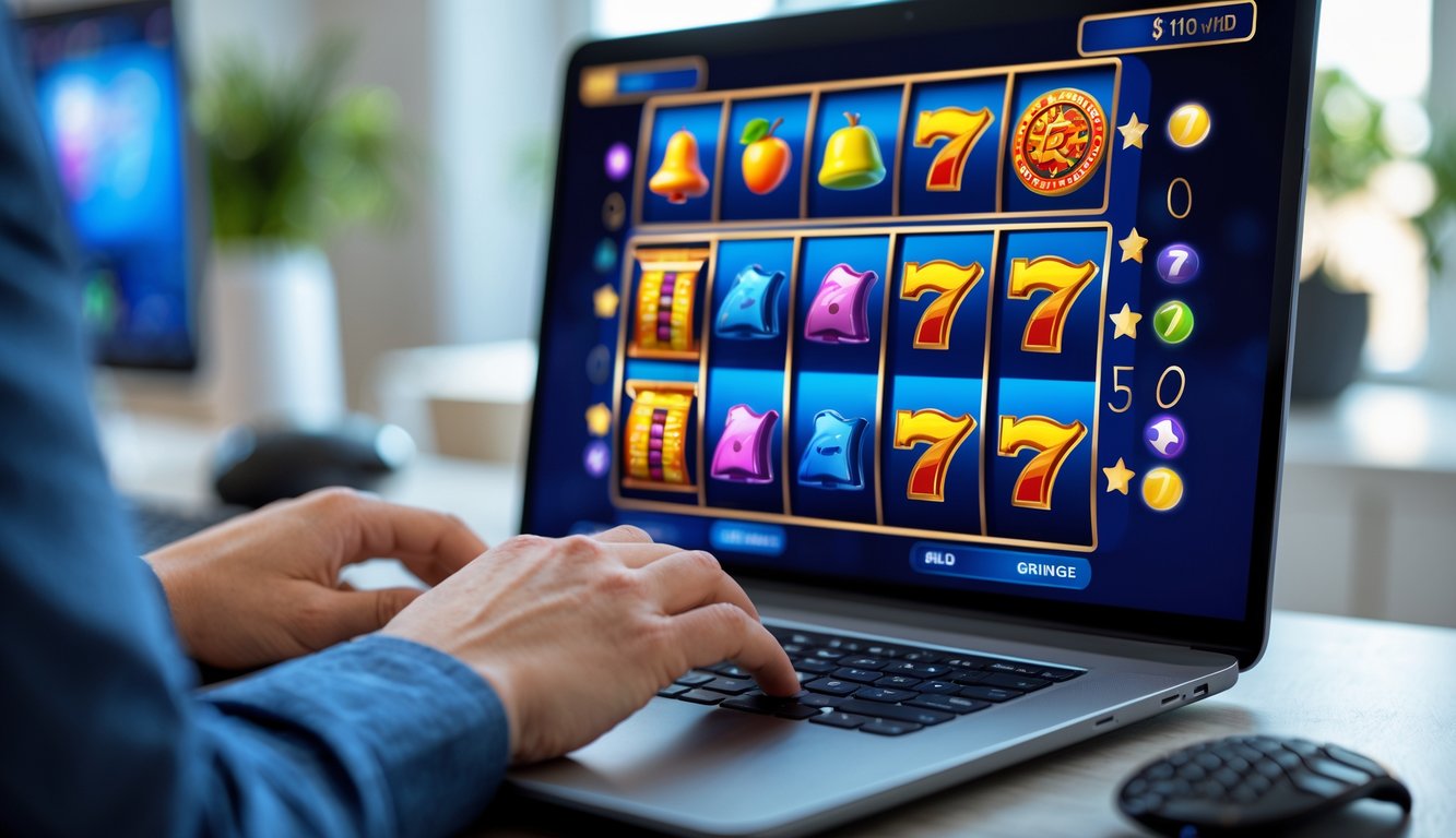 Tangan seseorang sedang menggunakan komputer dengan tampilan permainan slot online yang berwarna-warni di layar.