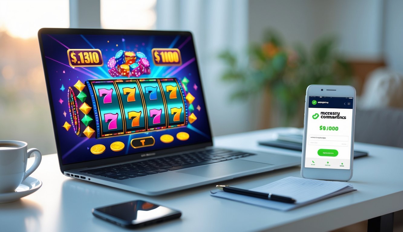Seorang pengguna sedang bermain mesin slot online di laptop dengan ponsel yang menampilkan konfirmasi pembayaran cepat di atas meja kerja.
