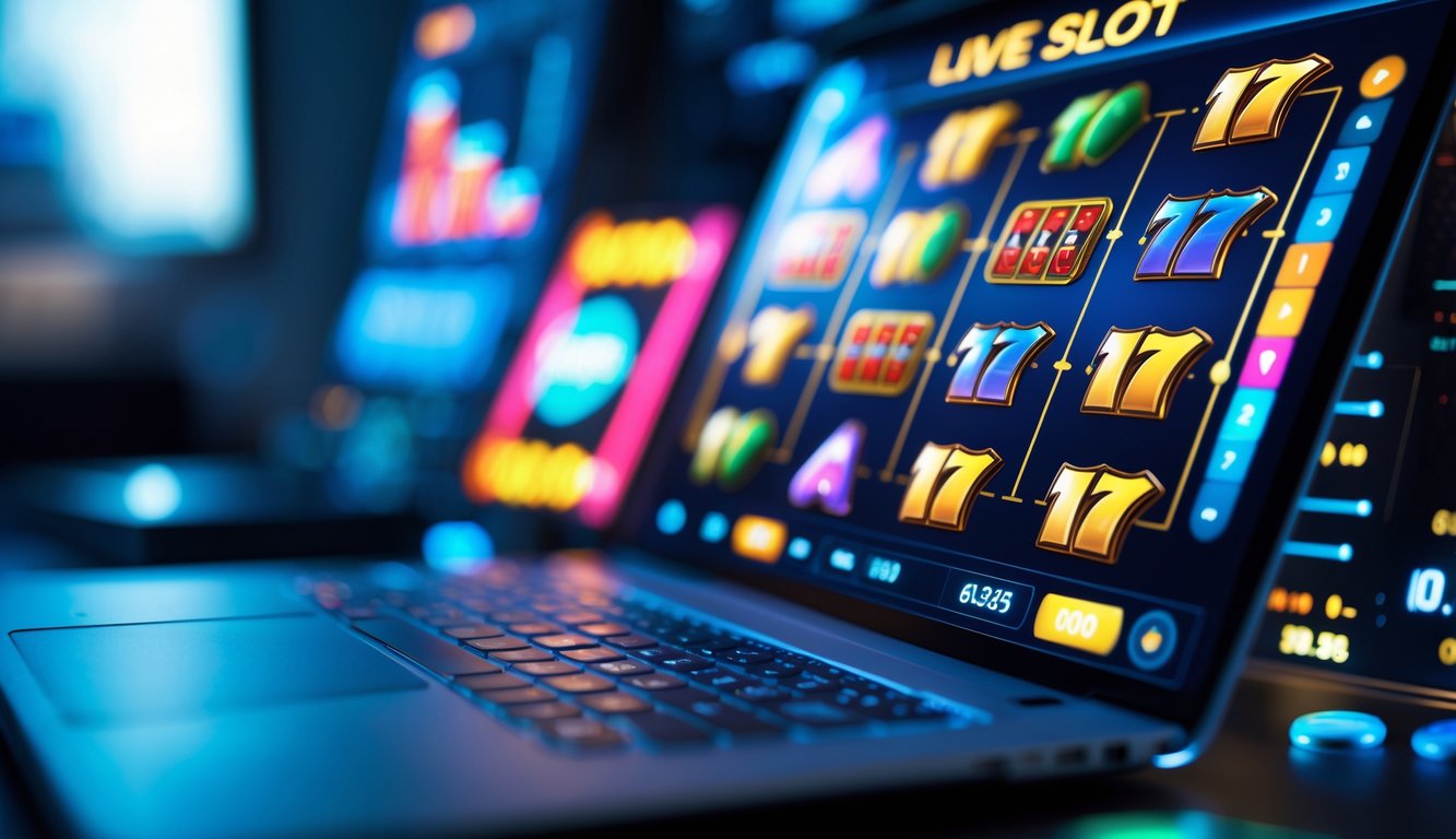 Layar komputer menampilkan permainan slot online dengan grafik berwarna-warni dan simbol berputar.