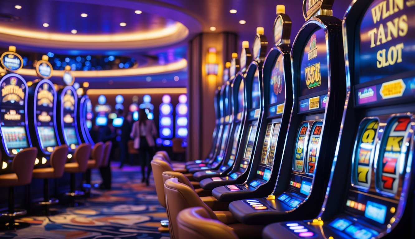 Suasana kasino modern dengan deretan mesin slot yang menyala dan beberapa orang bermain di sekitarnya.