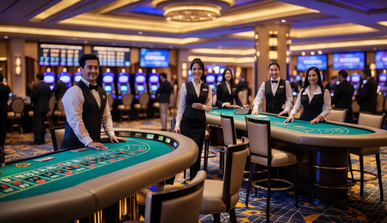 Suasana kasino langsung yang mewah dengan meja permainan dan dealer profesional melayani pemain.