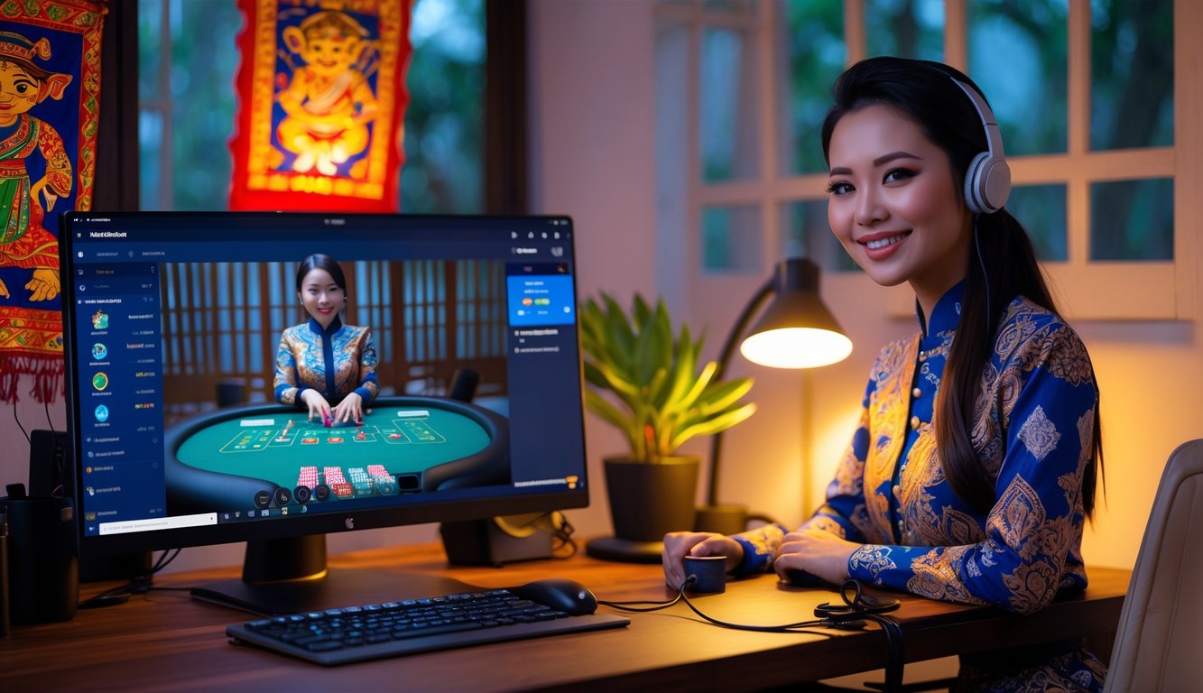 Seorang dealer wanita mengenakan pakaian batik tradisional sedang membagikan kartu di meja kasino online dengan latar belakang dekorasi wayang dan suasana ruangan yang nyaman.