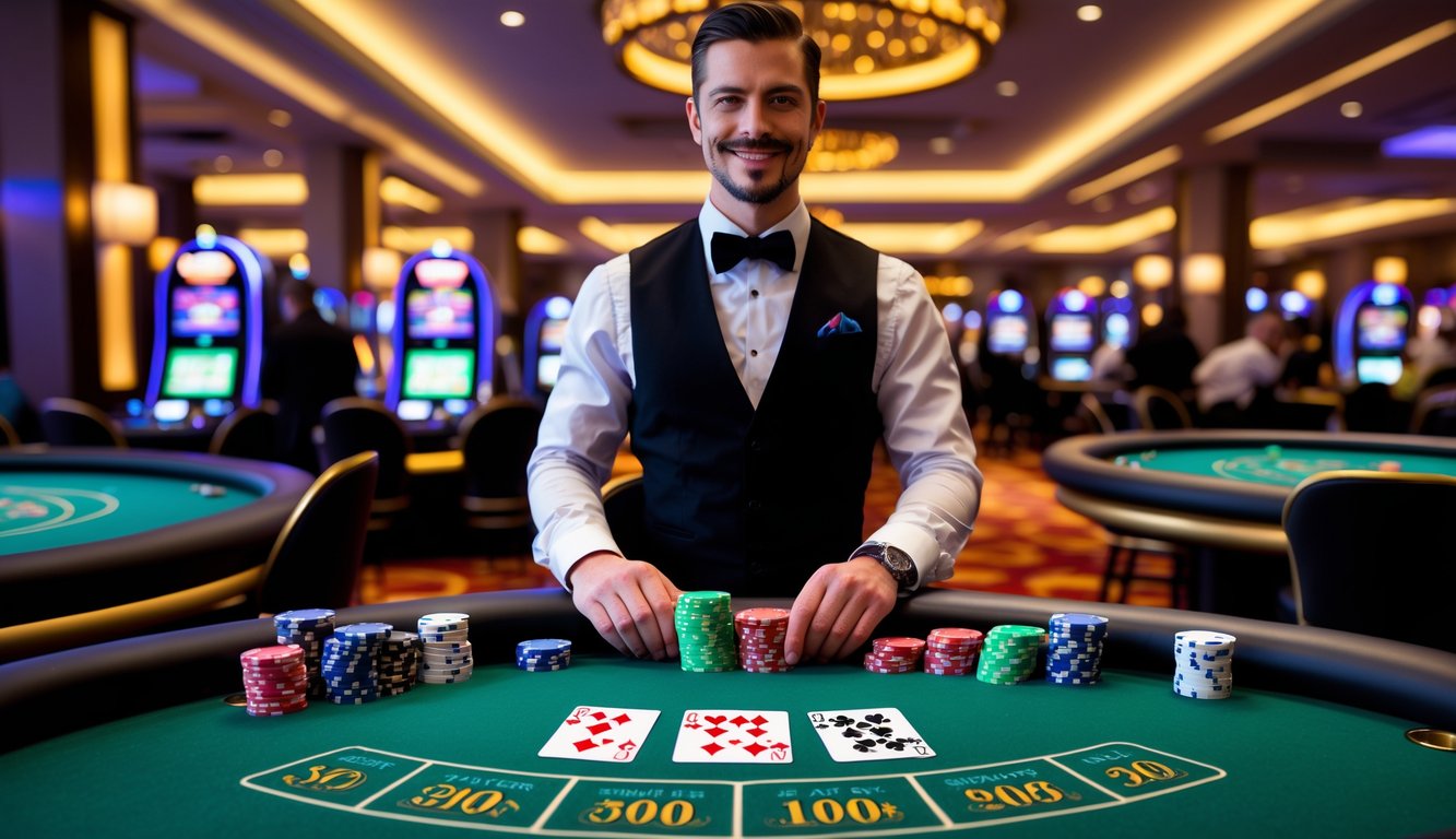 Suasana kasino langsung dengan meja permainan, dealer profesional, dan pemain yang sedang bermain.