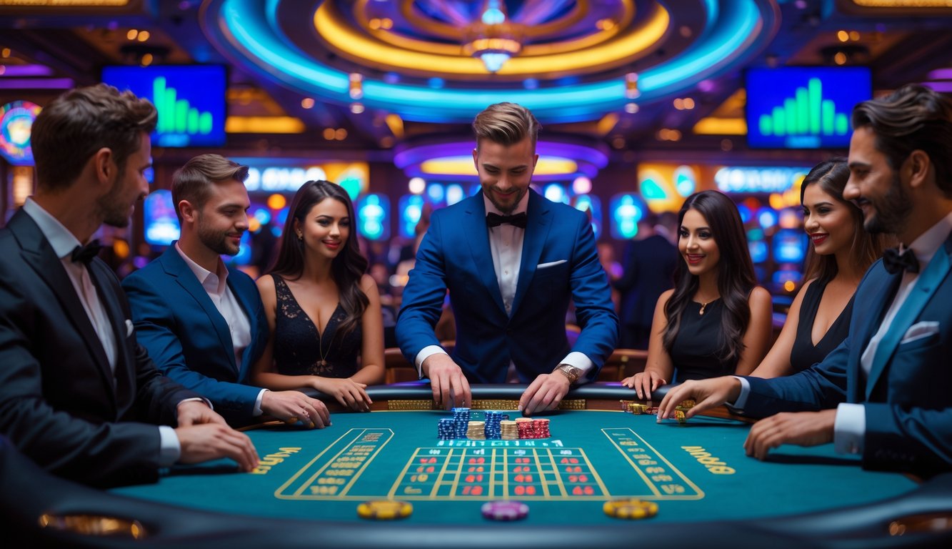Suasana kasino langsung dengan pemain dan dealer di meja permainan yang sibuk dan lampu warna-warni di latar belakang.