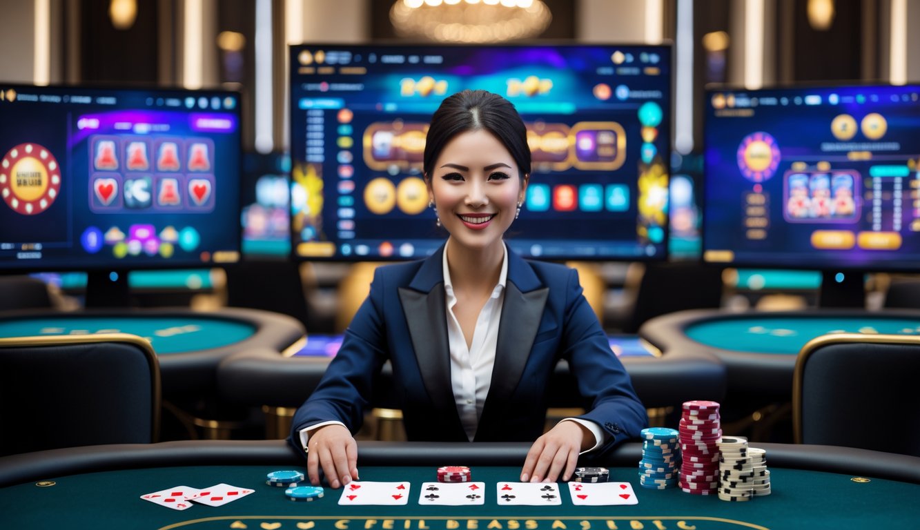 Seorang dealer wanita duduk di meja kasino dengan kartu dan chip, di latar belakang terdapat layar yang menampilkan permainan kasino secara langsung.
