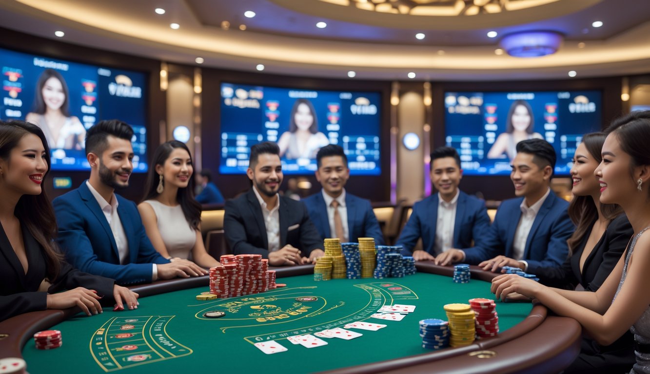 Meja baccarat dengan kartu dan chip poker, beberapa pemain sedang bermain, latar belakang layar digital menampilkan dealer baccarat secara langsung.
