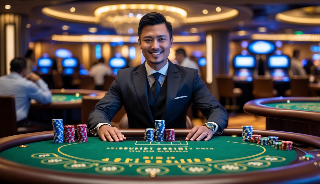 Seorang dealer tersenyum di meja kasino dengan chip poker dan kartu, suasana kasino yang mewah dan ramai.