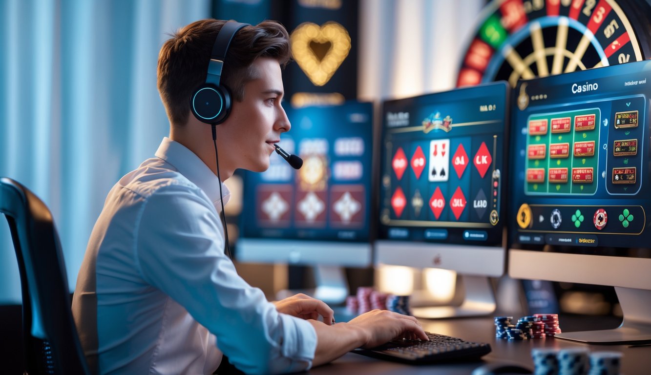 Seorang dewasa muda sedang bermain judi kasino online dengan beberapa layar komputer yang menampilkan permainan kasino secara langsung.