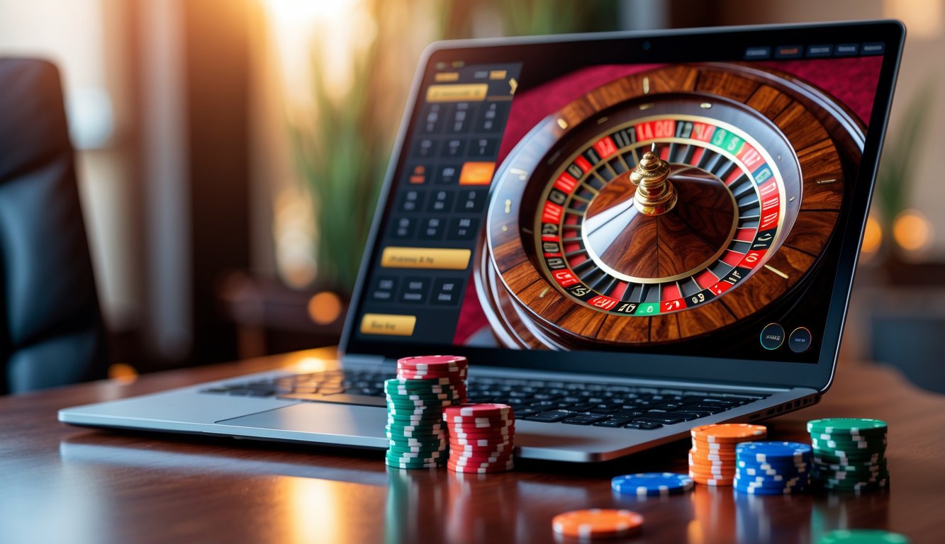Seorang pemain sedang menggunakan komputer dengan tampilan roda roulette online yang berputar dan tumpukan chip kasino di meja.