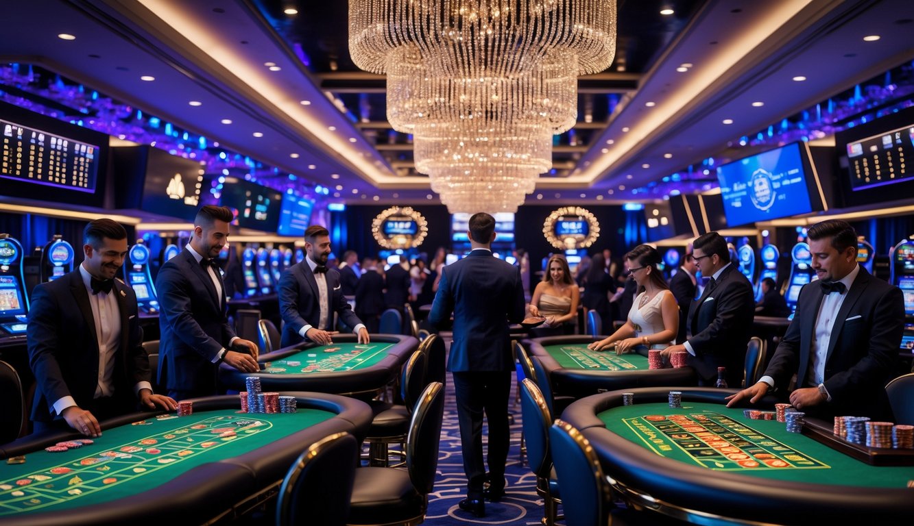 Orang-orang berpakaian formal bermain berbagai permainan kasino di dalam kasino mewah dengan pencahayaan terang dan suasana yang hidup.