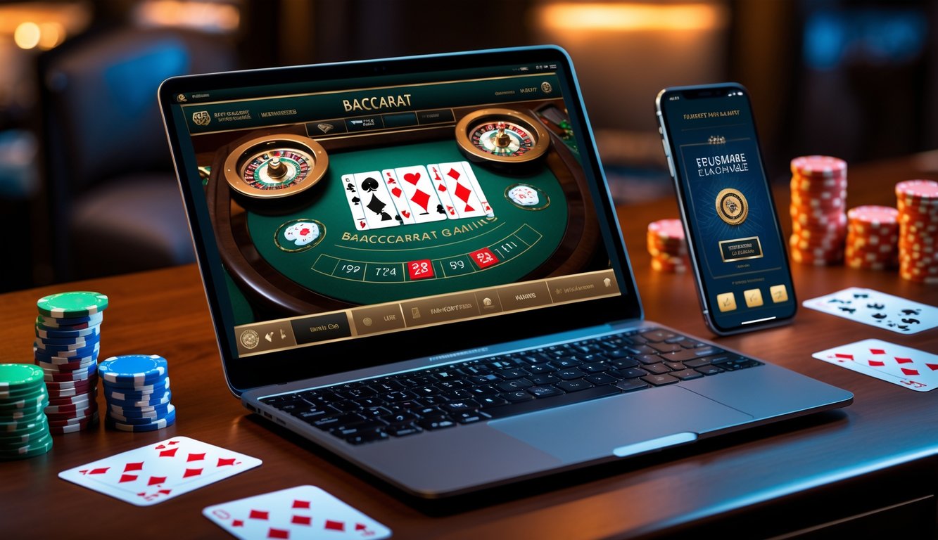 Sebuah laptop modern menampilkan permainan baccarat online dengan kartu dan chip kasino di sekitarnya, dilengkapi dengan ponsel pintar di meja dalam suasana yang profesional dan terpercaya.