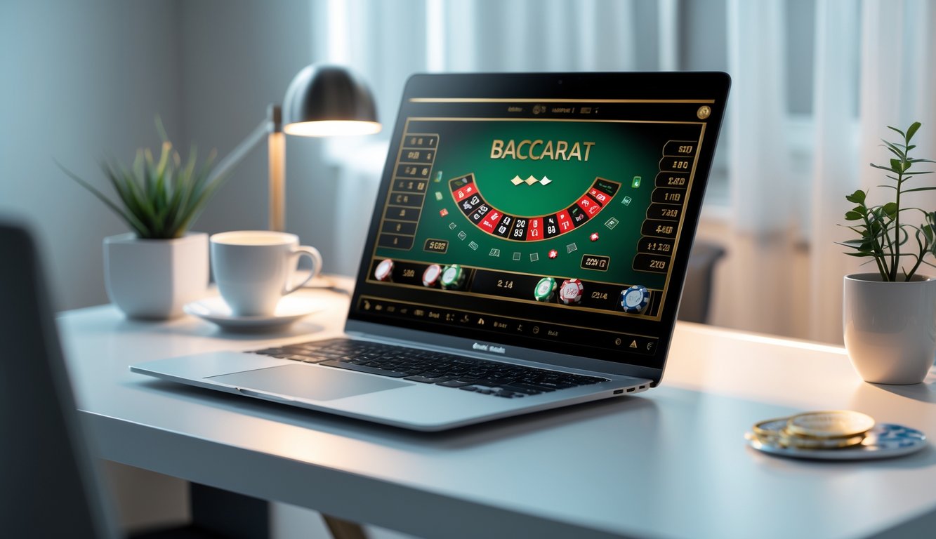 Seseorang sedang bermain baccarat online di laptop dengan tampilan kartu dan chip di layar.