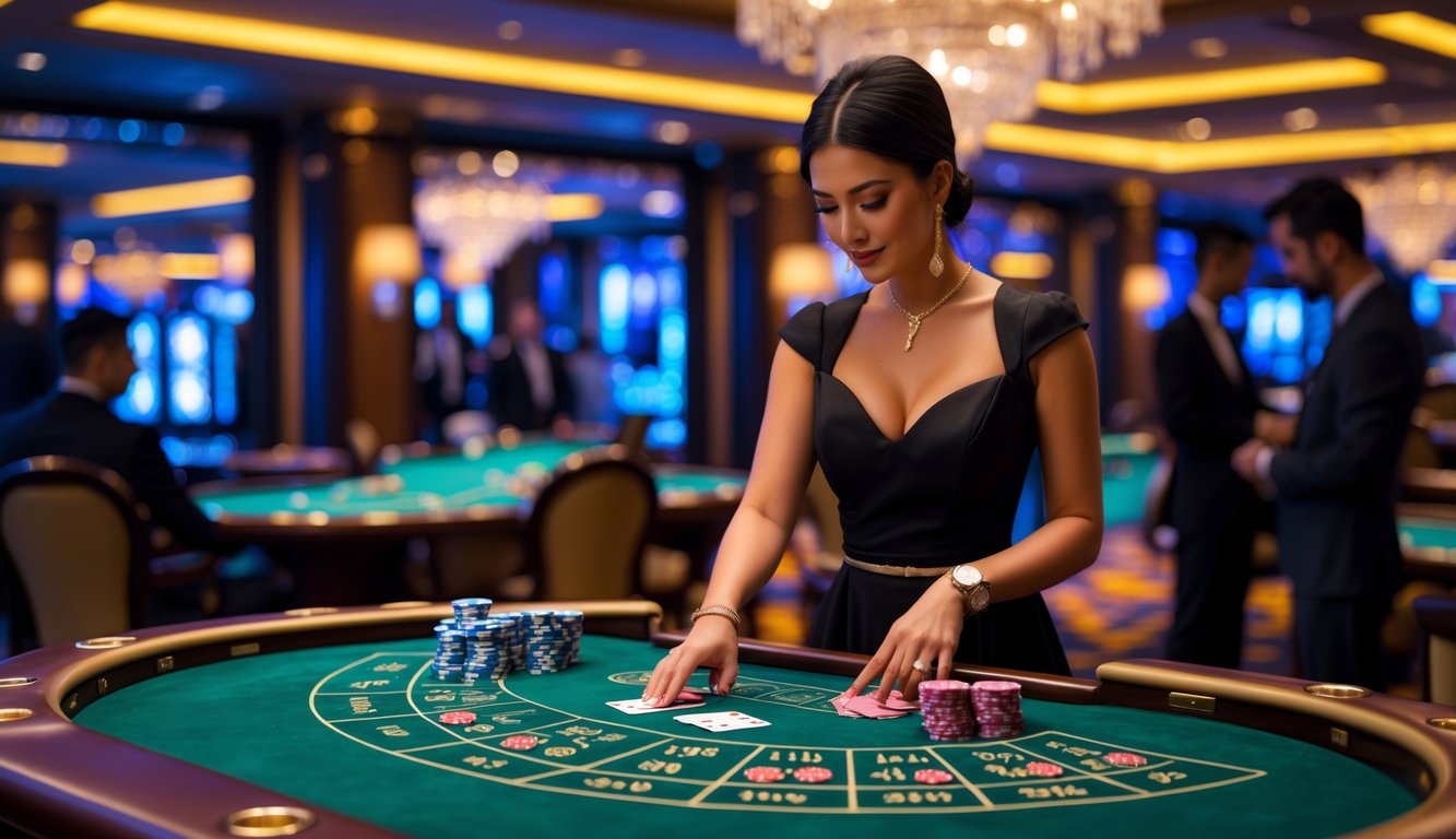 Seorang dealer wanita sedang membagikan kartu di meja baccarat dengan latar belakang kasino mewah dan pemain yang fokus pada permainan.