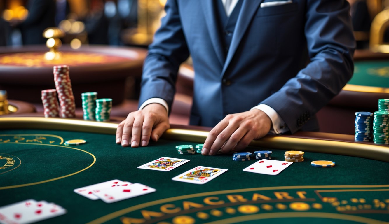 Seorang dealer berpakaian rapi berdiri di belakang meja baccarat dengan kartu dan chip poker di kasino mewah.