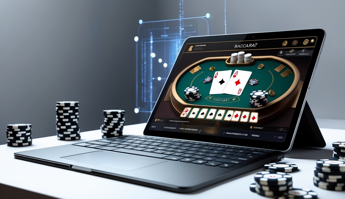 Sebuah laptop menampilkan permainan baccarat online dengan kartu dan chip di sekitarnya.