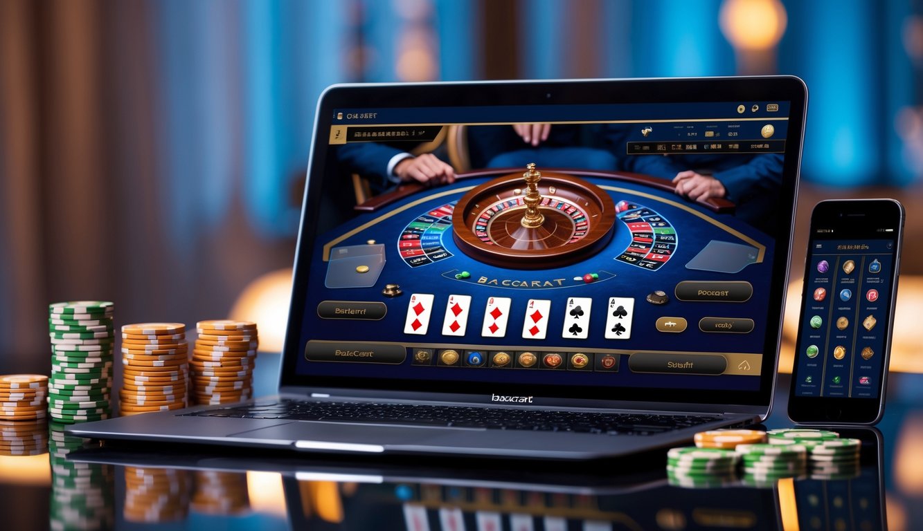 Sebuah laptop modern menampilkan permainan baccarat online dengan chip dan kartu di sekitar meja dalam suasana mewah.