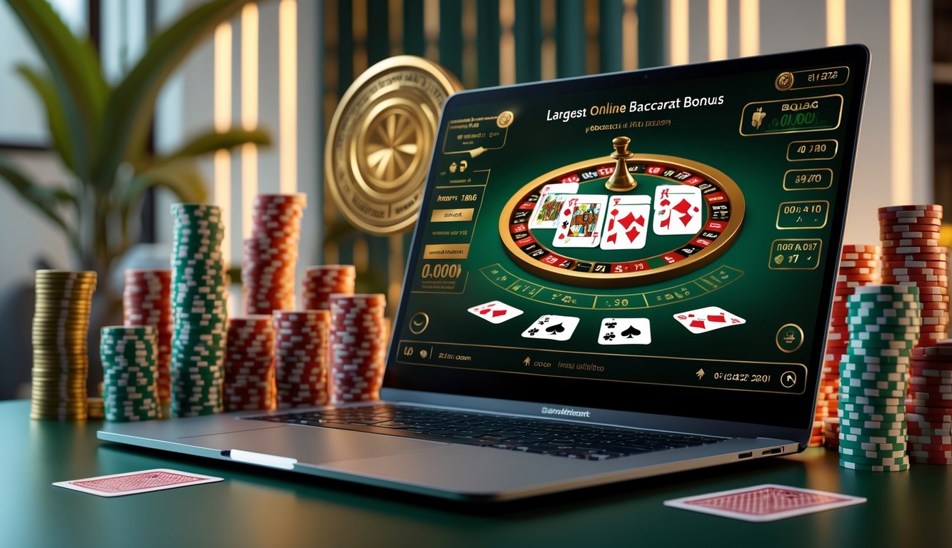 Pemandangan meja dengan laptop menampilkan permainan baccarat online, dikelilingi oleh tumpukan chip poker dan kartu remi di lingkungan yang rapi dan mewah.