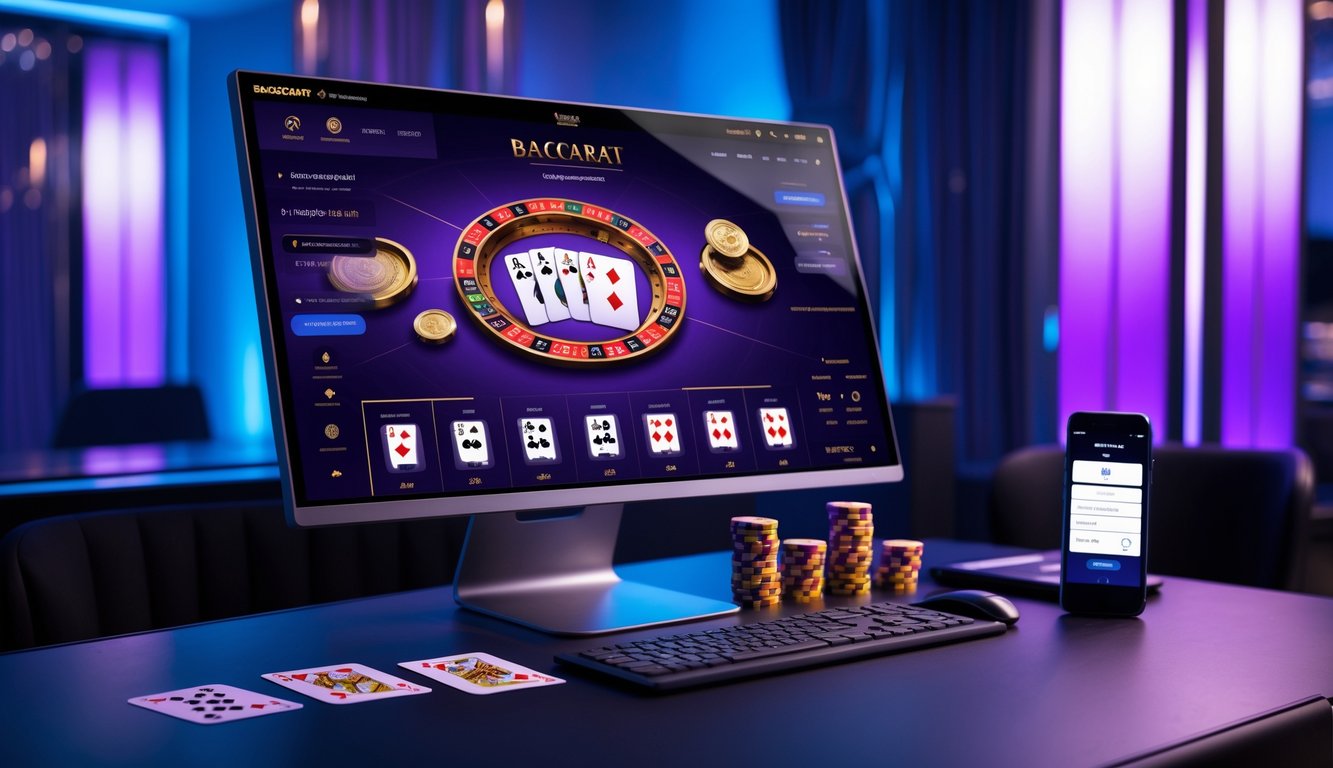 Sebuah meja dengan komputer yang menampilkan permainan baccarat online, dikelilingi oleh chip kasino dan kartu remi dalam suasana ruangan yang nyaman dan aman.