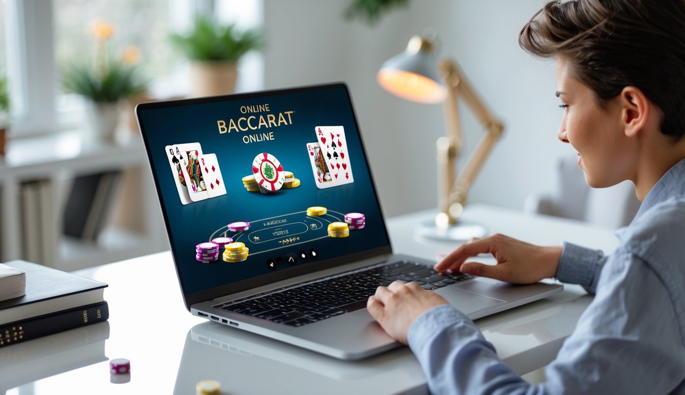 Seseorang sedang bermain permainan baccarat online di komputer di meja yang rapi di rumah.