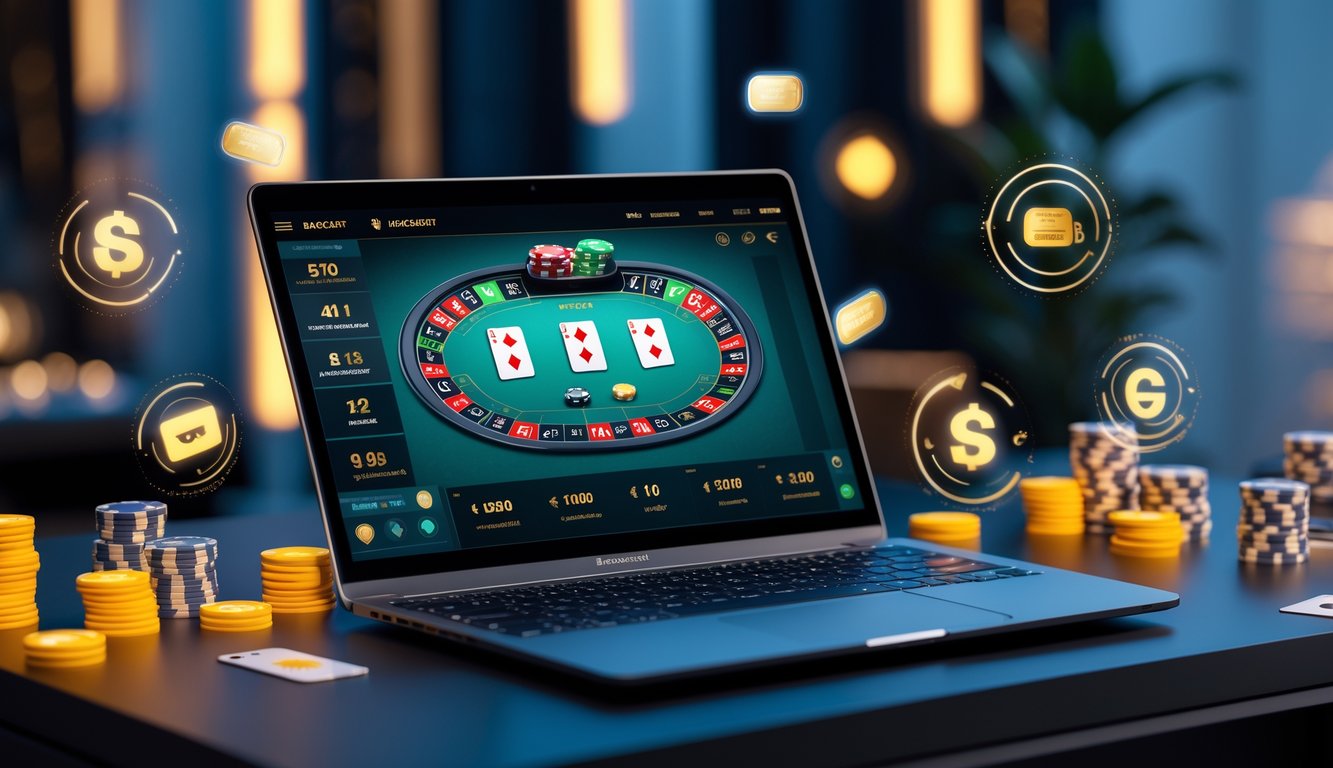 Seseorang bermain baccarat online di depan komputer dengan ikon pembayaran digital di sekitar layar.