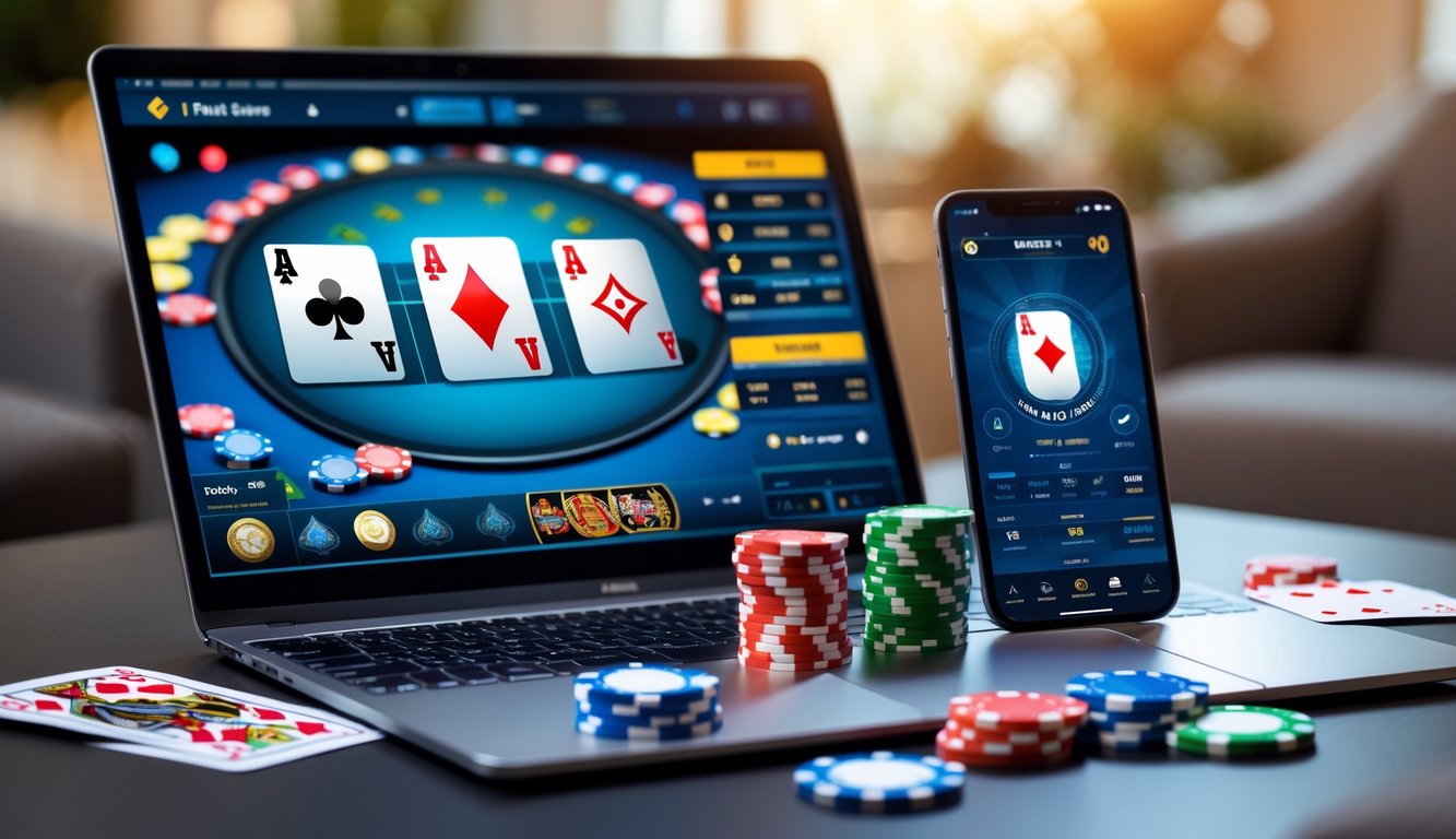 Seseorang bermain poker online menggunakan laptop dan smartphone di meja dengan chip dan kartu poker.