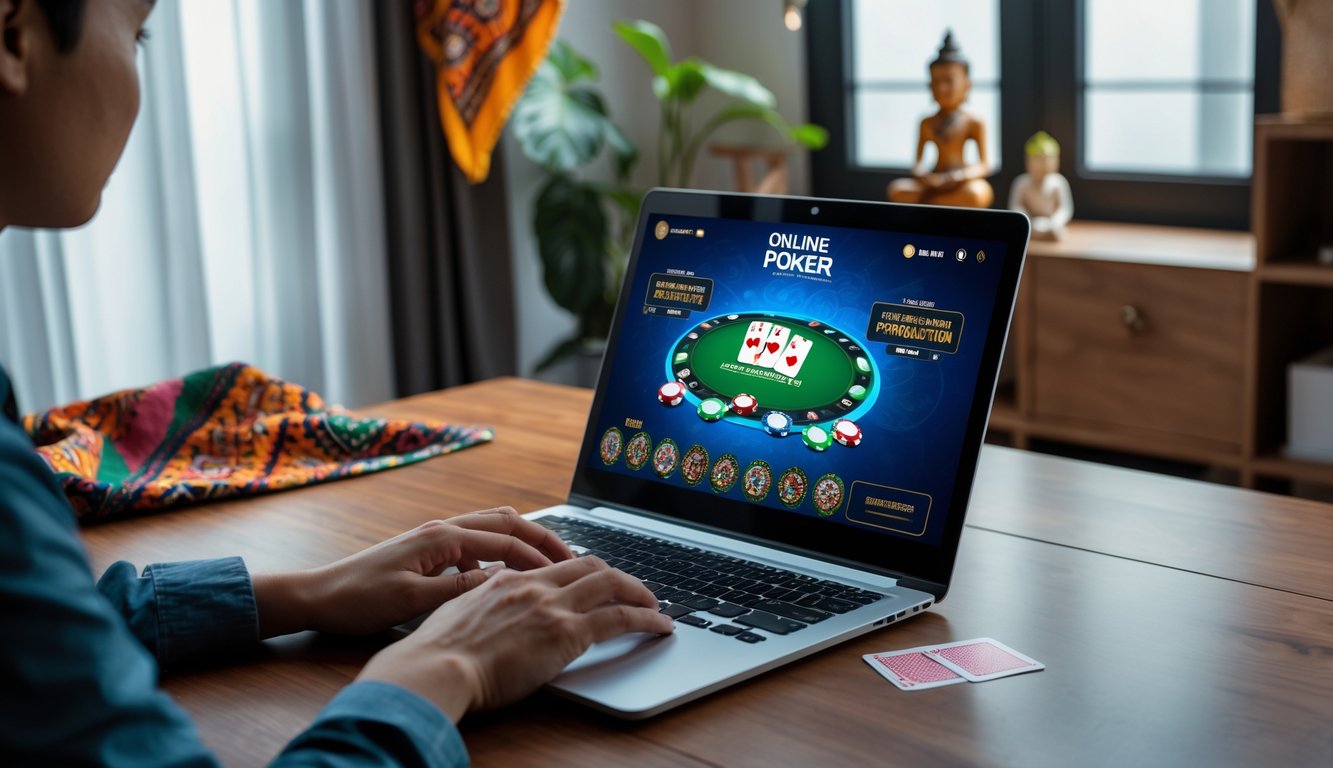 Seseorang bermain poker online di laptop di meja kerja dengan dekorasi batik dan wayang di latar belakang.