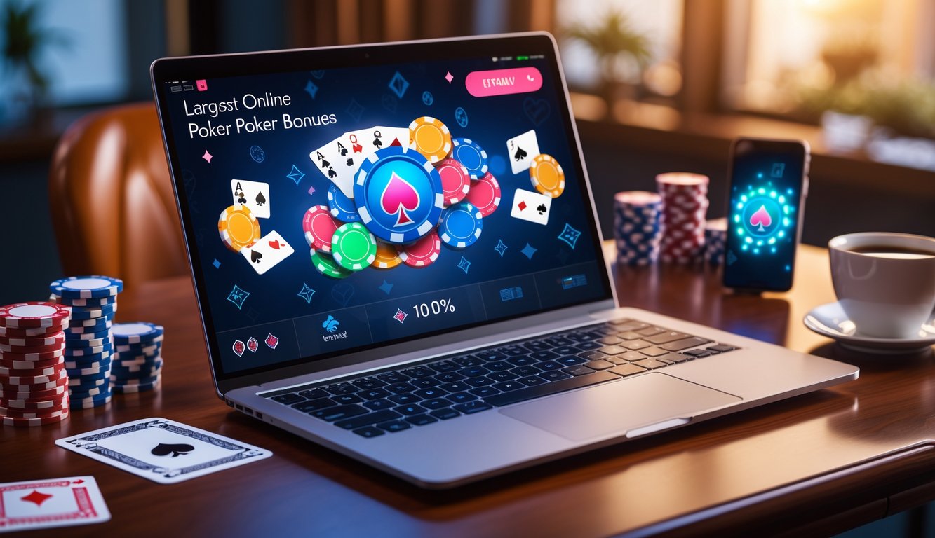 Seorang pemain poker online menggunakan laptop dengan chip poker dan kartu bermain di meja kayu.